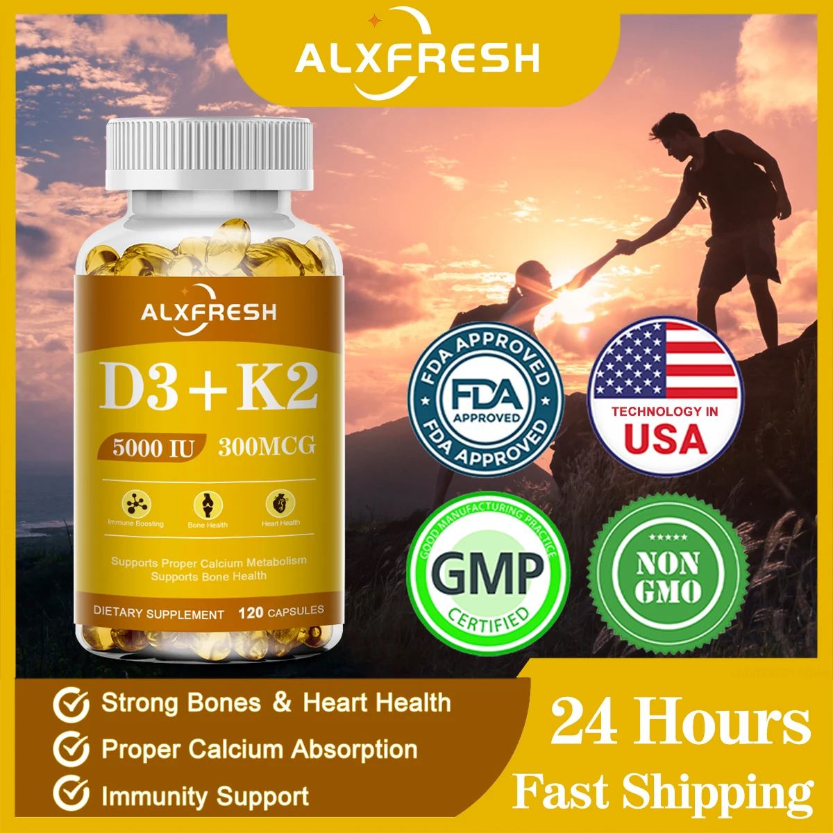

Alxfresh, органический витамин D3K2 в капсулах для улучшения впитывания кальция, улучшения здоровья костей и суставов, повышения иммунитета, поддержки здоровья сердца