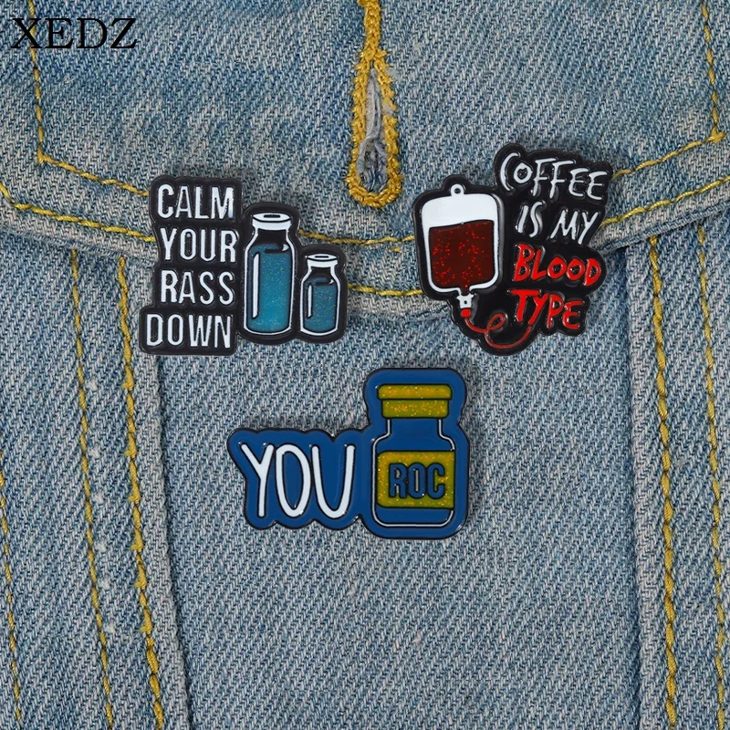 

Coffee Is My Blood Type Enamel Pin Calm Your Rass Down Brooch Denim Backpack Lapel Badge Fashion Jewelry Gift For Friends & Kids