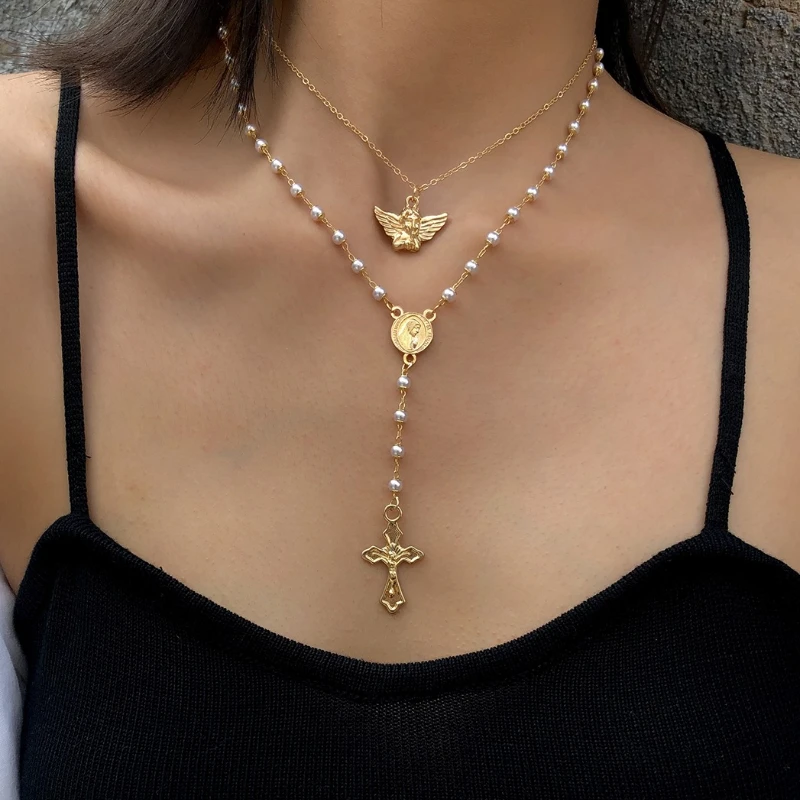 

Vintage Fashion Cherub Pendant Imitation Pearl Necklace Temperament Versatile Y-shaped Cross Tassel Necklace Jewelry