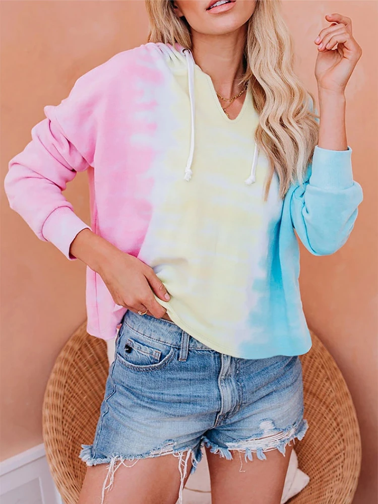 

2022 Spring New Women's Top European and American Tie-dye Gradient V-neck Hooded Long-sleeved Pullover Casual Sweater Women