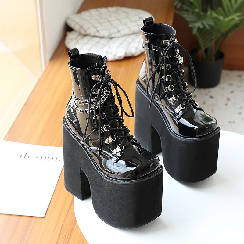 Winter Chain High Heels Women's Boots Square Toe Patent Leather Platform Solid Color Lace Up Black Sexy Ankle Boots Short Bootie