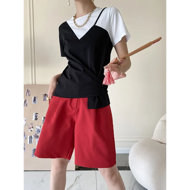 

Новинка 2022, модная нишевая дизайнерская футболка контрастных цветов с вышивкой, облегающий топ с коротким рукавом для женщин