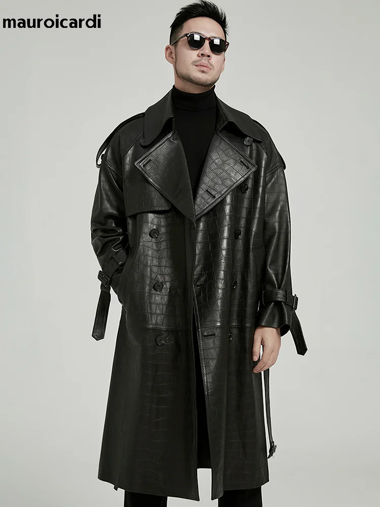

Spring Autumn Long Black Crocodile Print Pu Leather Trench Coat Men Belt Double Breaste Runway European Fashion 2023