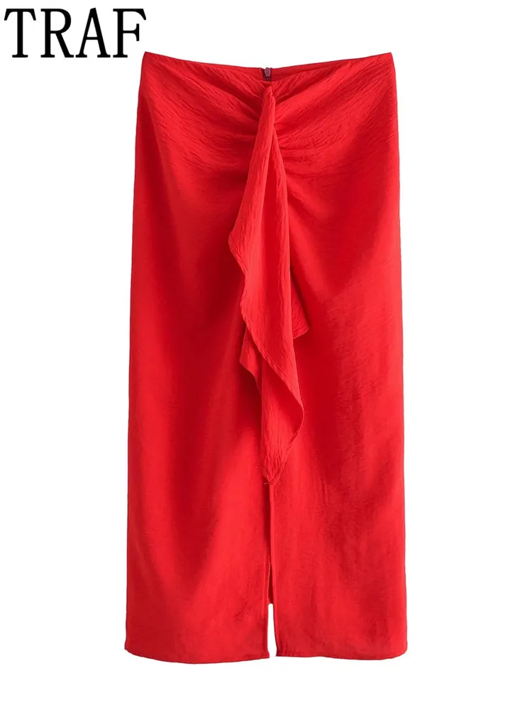 TRAF Red Long Skirt Women High Waist Skirts Woman Fashion 2022 Frilled Knotted Slit Skirt Ruffle Elegant Midi Skirts Suits