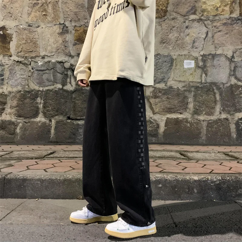 Autumn Side Buttons Jeans Men Harajuku Loose Classic Trousers Denim Straight Casual Streetwear Large Size S-3XL College Students