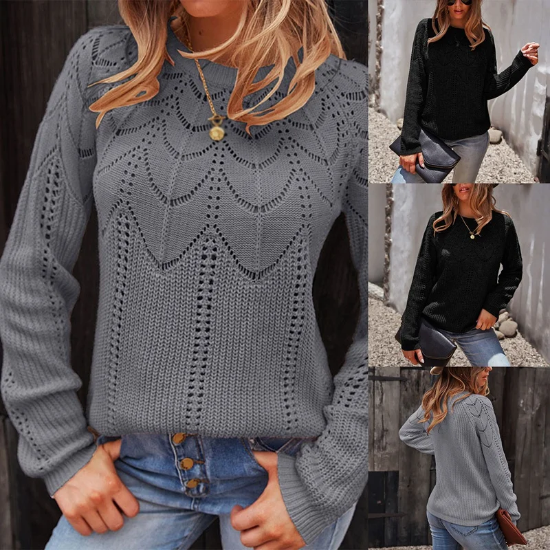 

Women's Long-Sleeved Hollow Sweater Casual Cute Crochet Lace Polka Dot Knit Pullover Round Neck Loose Tops