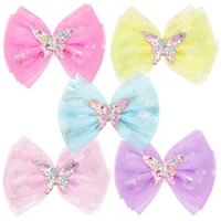 1 pc candy color mesh bowknot hair clips handmade glitter sequins bow tie with rhinestone princess hairpins headdress gifts