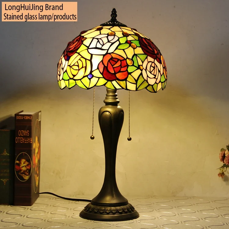 

LongHuiJing 12Inch European Stained Glass Rose Pattern Lampshade Desk Lights Tiffany Table Lamp