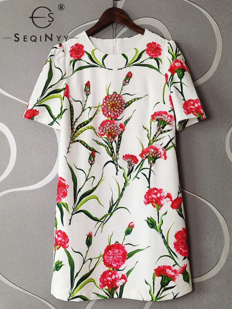 

SEQINYY White Mini Dress Summer Spring New Fashion Design Women Runway High Street Red Flowers Vintage Print Beading Casual
