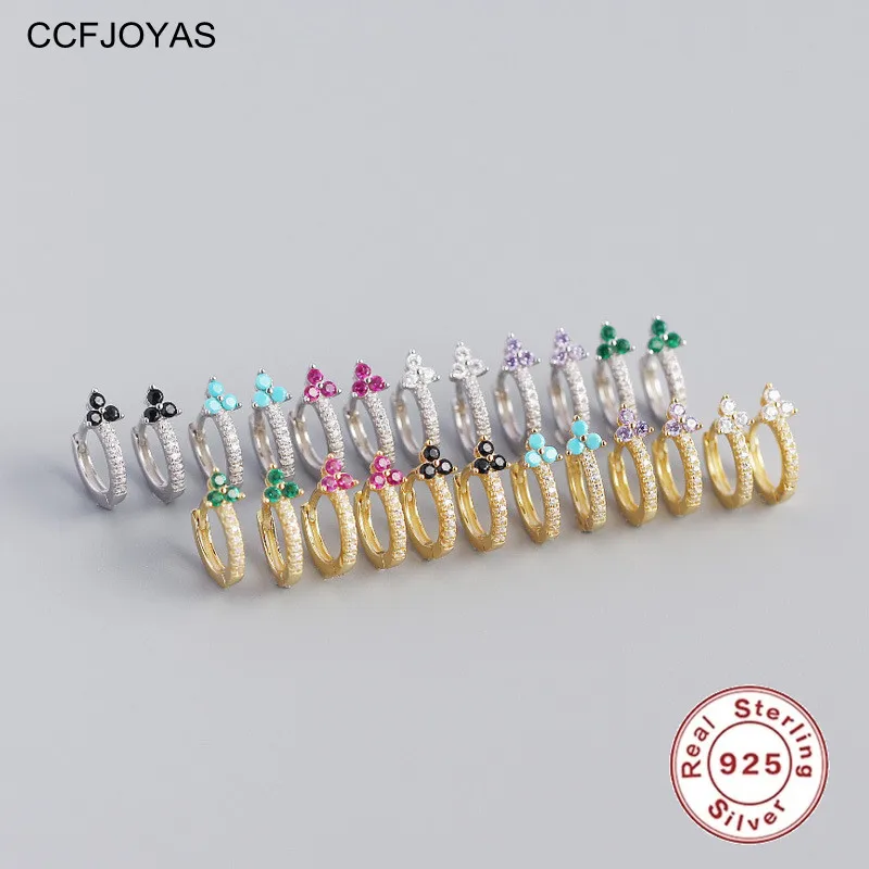 

CCFJOYAS 7.2mm 925 Sterling Silver Flower Hoop Earrings Simple INS White/Black/Rose red/Purple/Green Zircon Earring for Women
