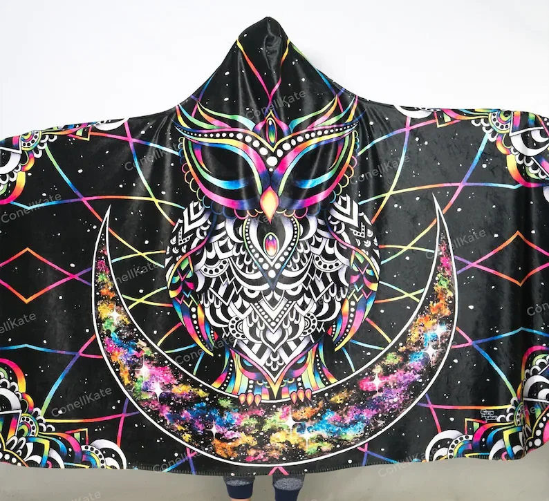 

ELECTRO OWL Hooded Blanket, Hooded Sherpa Blanket, Hoodie Blanket, Personalized Blanket, Adult And Baby Hoodie Blanket, Mandala