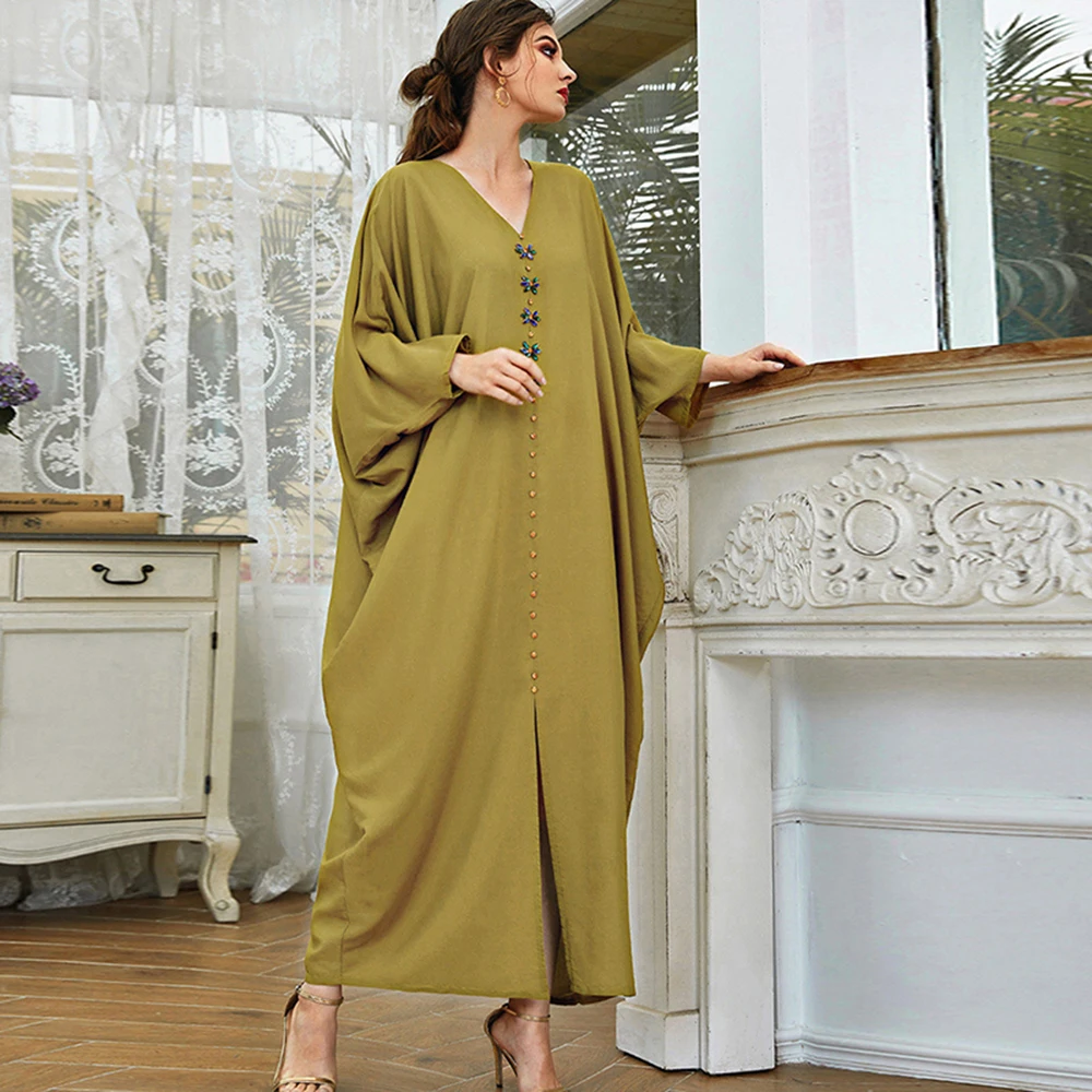 Bat Cloak Loose Islamic Abaya For Women Dubai 2022 Eid Mubarak Kaftan Turkey Diamonds V Neck Middle East Muslim Abaya Long Dress