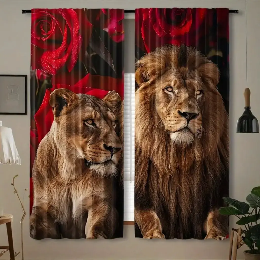 2Pcs King and Queen Lion Crown Red Roses 3D Print Window Curtains for Living Room Bedroom Kitchen Door Hall Home Decor