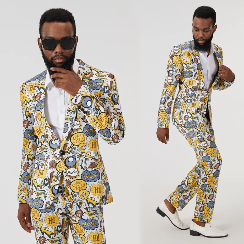 

New Men's Gorgeous English Print 2PCS Suit Bar Stage Singer Clothing Wedding Groom Stage Singer Prom Slim Fit Blazers