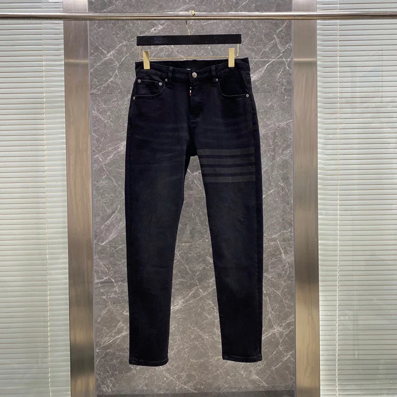 TB THOM Men's Jeans For Trendy 2023 High Waist Slimming Rhinestone Pencil Jeans Pants Street Stretch Skinny Stripes Trousers