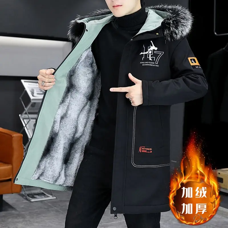 

Winter Men Mid Length Plus Fleece Thick Coat Trend Parker Jacket Cotton Clothes Windbreaker Keep Warm Windproof Cold Resistance