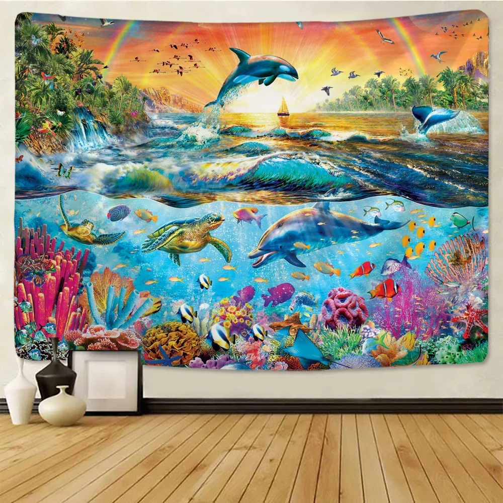 

Underwater World Tapestry Tropical fish Coral Dolphin Marine life Tapestry Children's Bedroom Iiving Room Dormitory Decoration