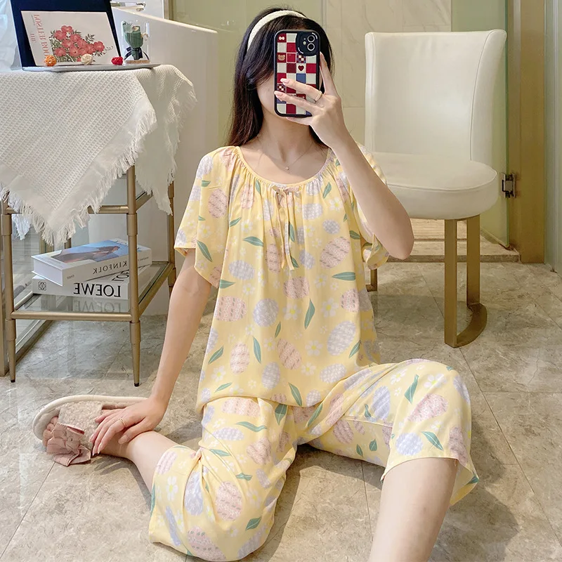 2023 Summer Cotton Silk Women's Pajamas Short-sleeved Cropped Trousers Suit Fresh Pastoral Style Quality Home Service