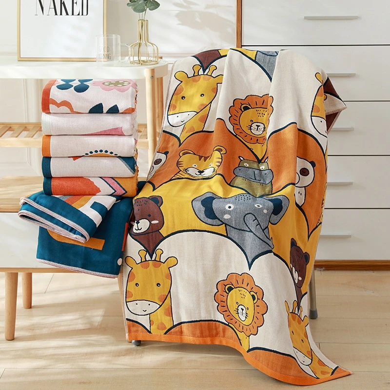 

4 Layer Gauze Bath Towel Cartoon Cotton Newborn Throw Blanket Infant Swaddle Wrap Super Water Absorbent Household Beach Towel