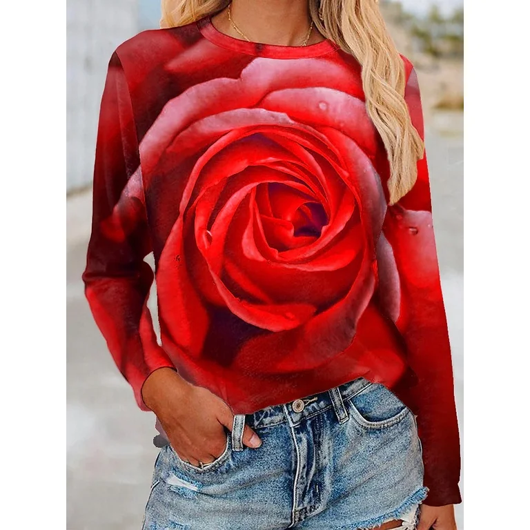 

2022 [New In] Women Casual T Shirt 3D Print Big Rose Pattern O-Neck Street Casual Oversized Tops Plus Size