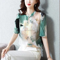 elegant chinese qipao tops women camisa china flower print cheongsam shirt half sleeve traditional clothing chiffon blouse
