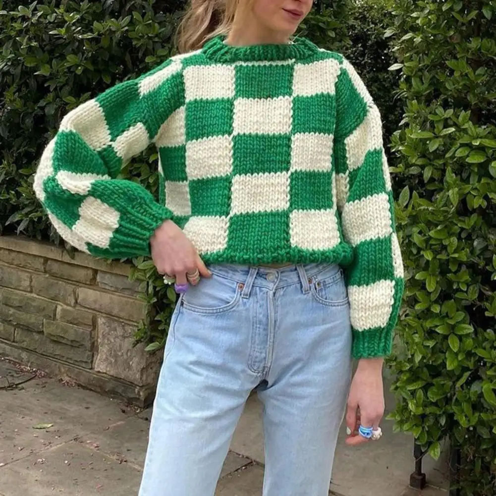 

Skin-Touch Classic Autumn Winter Checkerboard Print Coarse Yarn Loose Sweater Breathable Sweater Top Warm Daily Wear