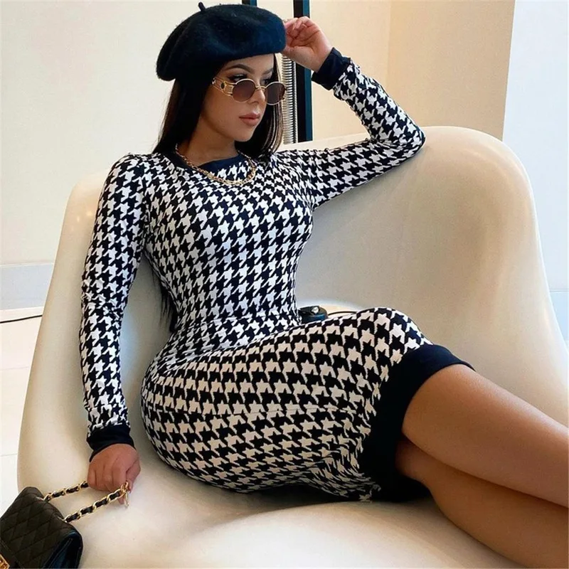

Houndstooth Print Women Long Sleeve Midi Dress Hollow Out Bodycon Sexy Streetwear 2023 Autumn Winter Club Elegant Slim vestidos