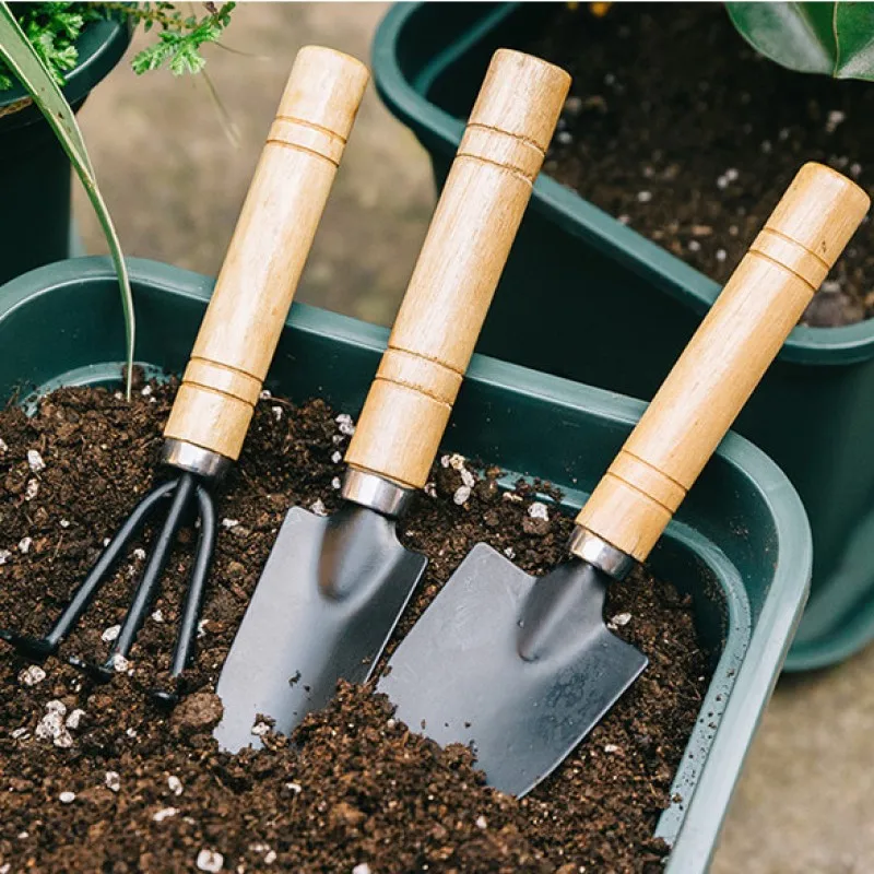 

3Pcs Mini Garden Shovel Rake Spade Erramientas Bonsai Tools Wooden Handle for Flowers Potted Plant Garden Tools Set