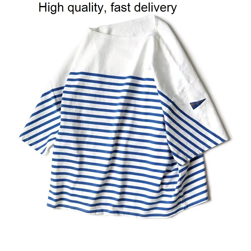 

And KAPITAL Blue White Color Splicing Cross Striped Triangular Flag Fallow Round Neck Short Sleeve T-Shirt For Men And Women