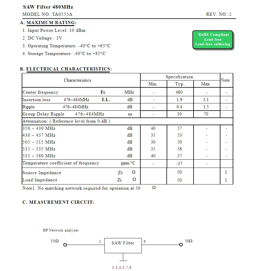10 шт. TA0555A код 555 новый оригинальный 480 МГц упакованный SMD пила звуковой метр Фильтр