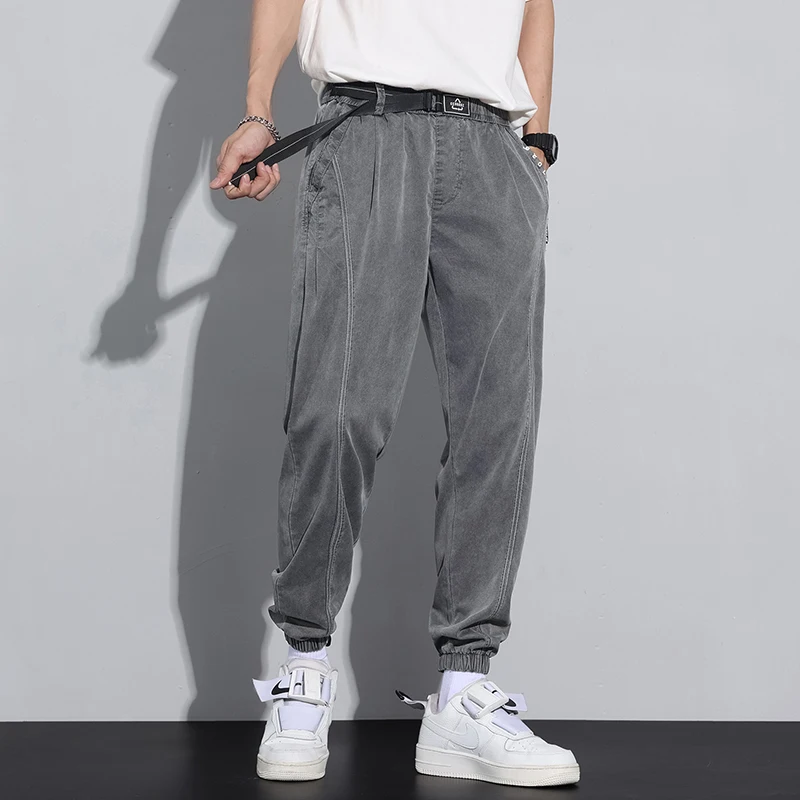 Men's Pants Thin Imitate Jeans Summer Trends Hip Hop Cargo Trousers Solid Casual Streetwear Harem Jogger Denim Black Gray