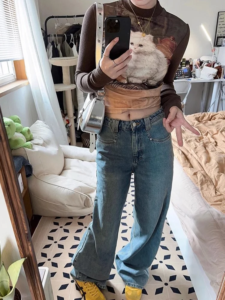 Американская Ретро футболка с длинным рукавом принтом кота Женская Осенняя