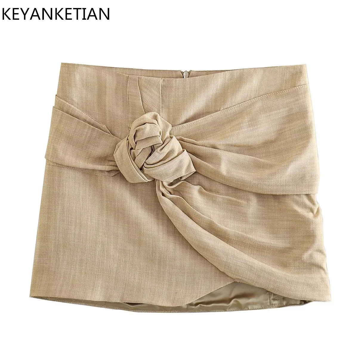 

KEYANKETIAN Summer New Linen Texture Asymmetrical Knot High-Waisted Half Skirt Vintage Style Women Khaki A-line Mini Skirt