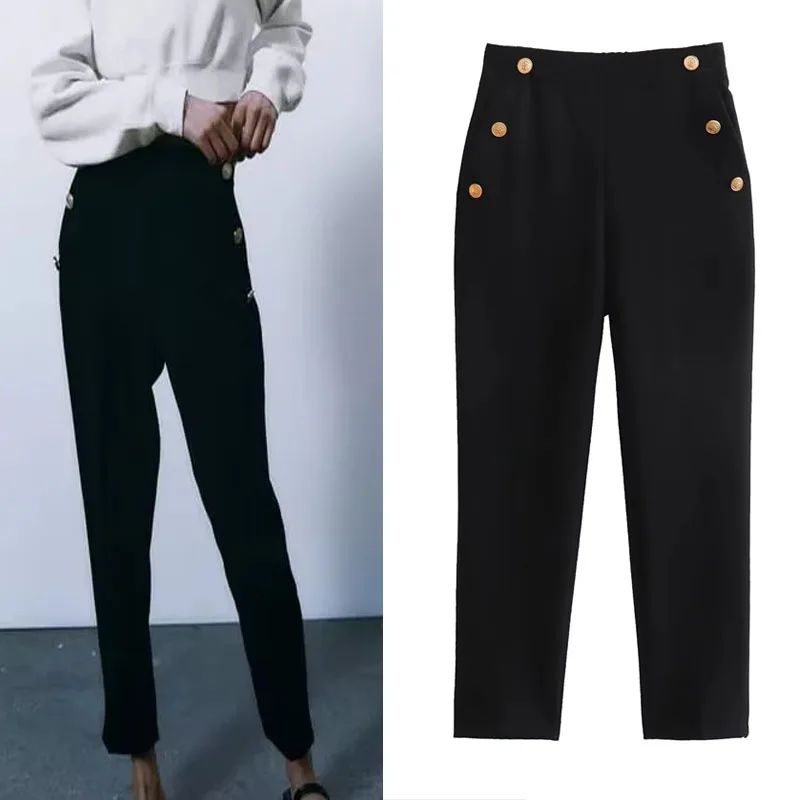

TRAF Black Straight Trousers 2023 Elegant High-Waist Women's Pants Streetwear Fashion Buttons Pantaloons Pants Aesthetic Trouser