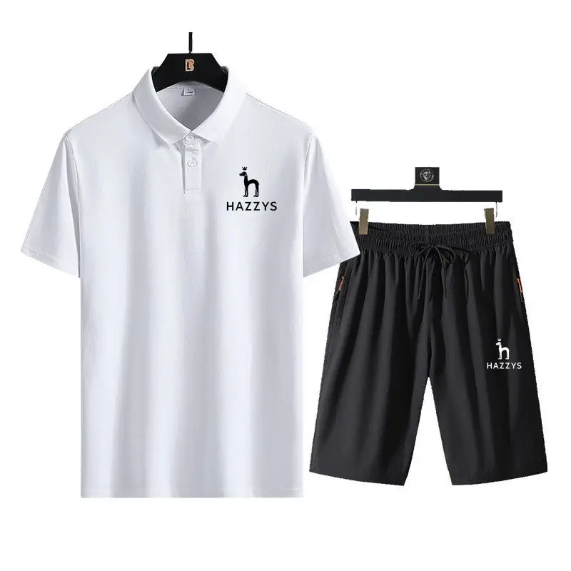 

2022Summer HAZZYS Short-Sleeved T-Shirt Ice Silk Five-Point Pants Suit Men's Casual Lapel Men's POLO Shirt Summer Top Suit