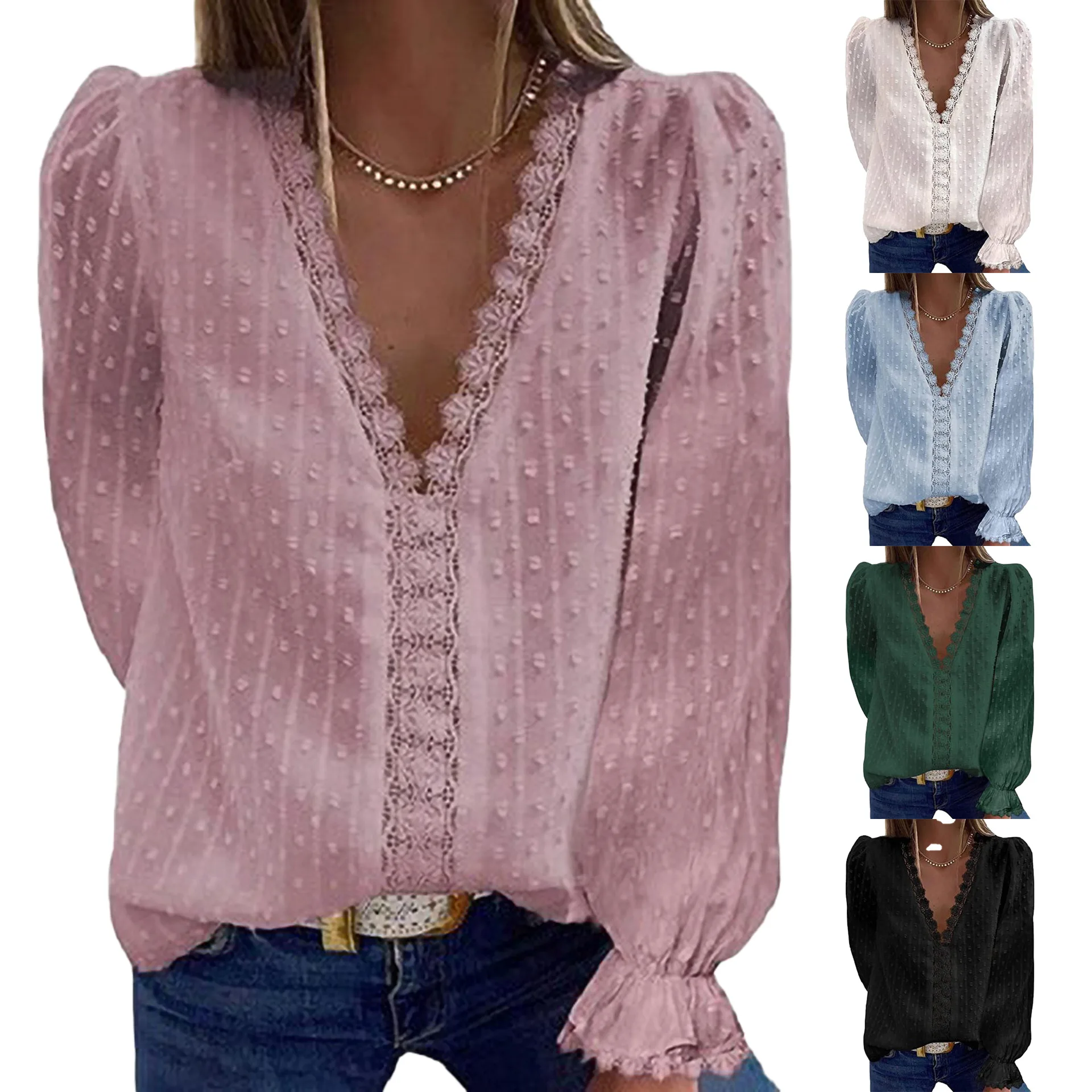

Женская модная Осенняя однотонная шифоновая рубашка, жаккардовая Свободная рубашка с V-образным вырезом и длинными рукавами, новинка 2022