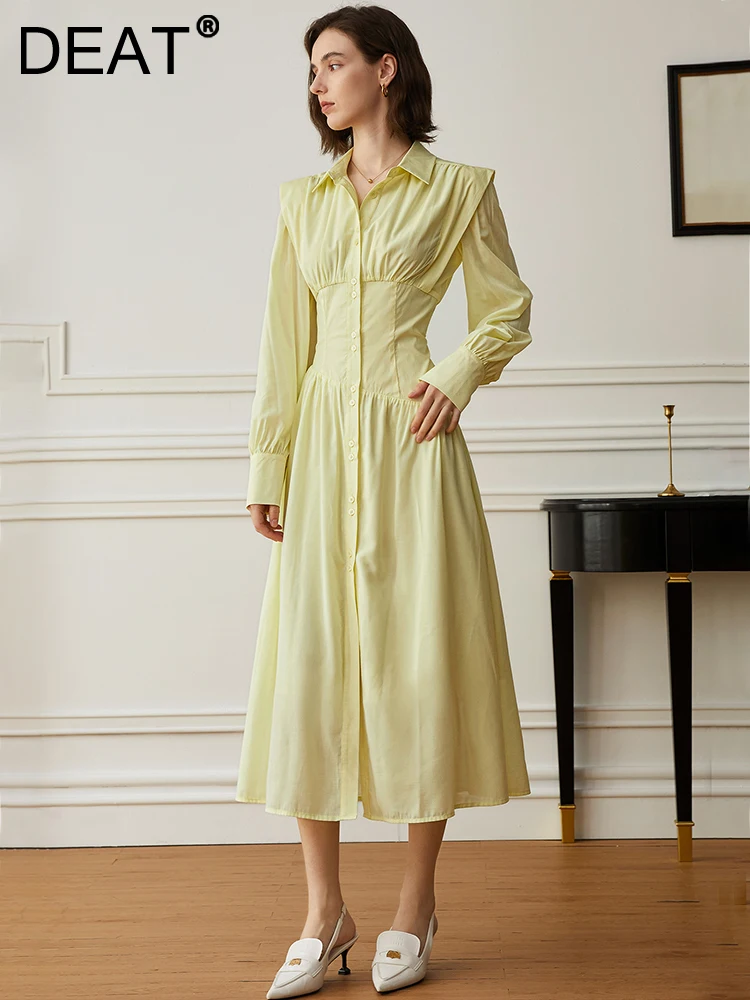 

DEAT Fashion Women Shirt Dress Lapel Broad Shoulder High Waist A-line Folds Solid Color Mid-calf Dresses Autumn 2023 New 17A8750
