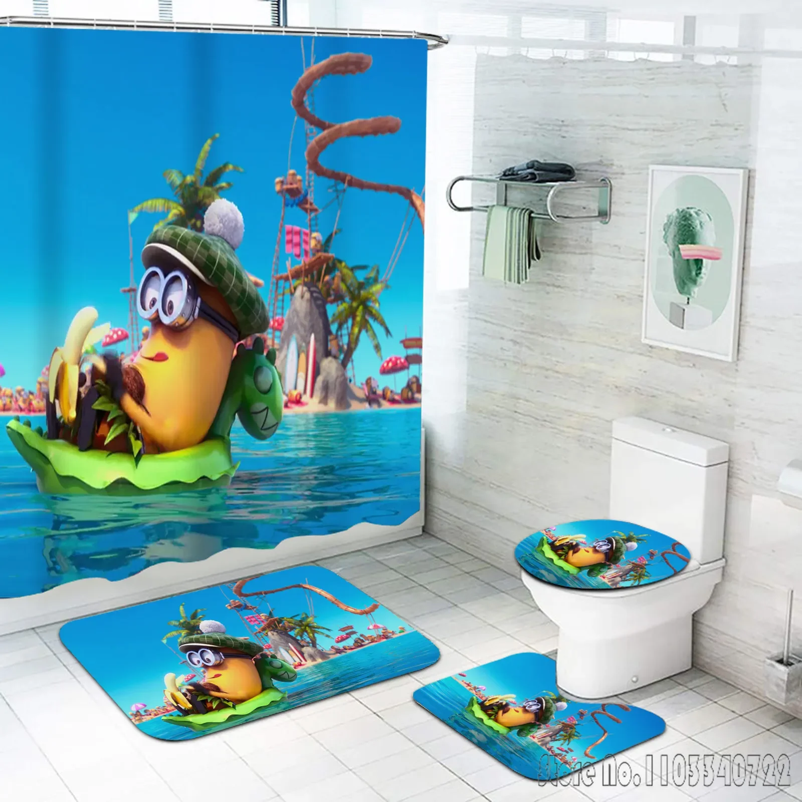 Фото Детский набор для ванной с аниме-персонажами M-Minions: шторка для душа (4 предмета) с крючками, водонепроницаемый коврик для туалета, декор для крышки унитаза №3