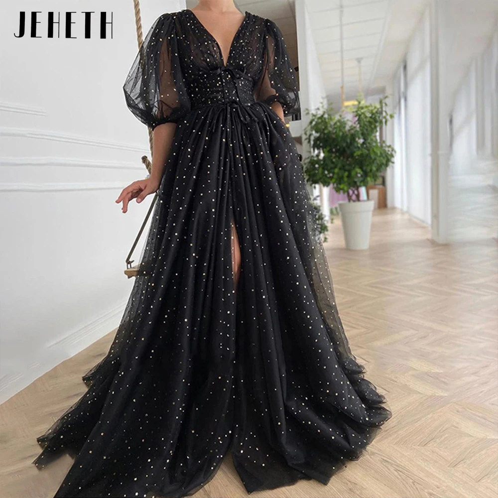 JEHETH Black Starry Sequin Tulle Prom Dresses Deep V-Neck Half Puff Sleeves Split Pleats Evening Party Gown Long فساتين السهرة
