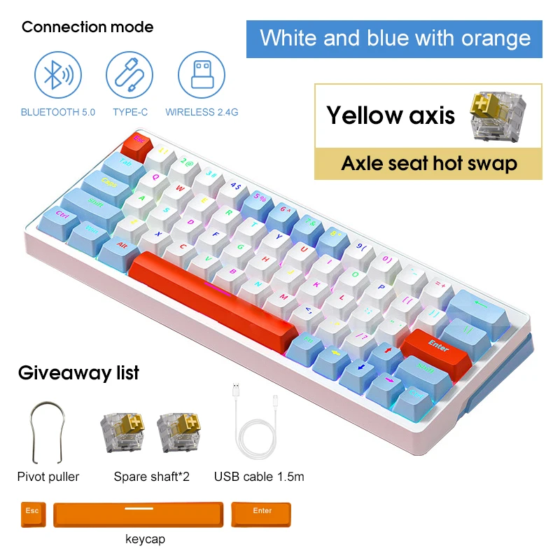 

63 Keys Mechanical Keyboard Three mod Hot-swappable Yellow Switch Bluetooth 2.4G Wireless Detachable Cable For gaming and office