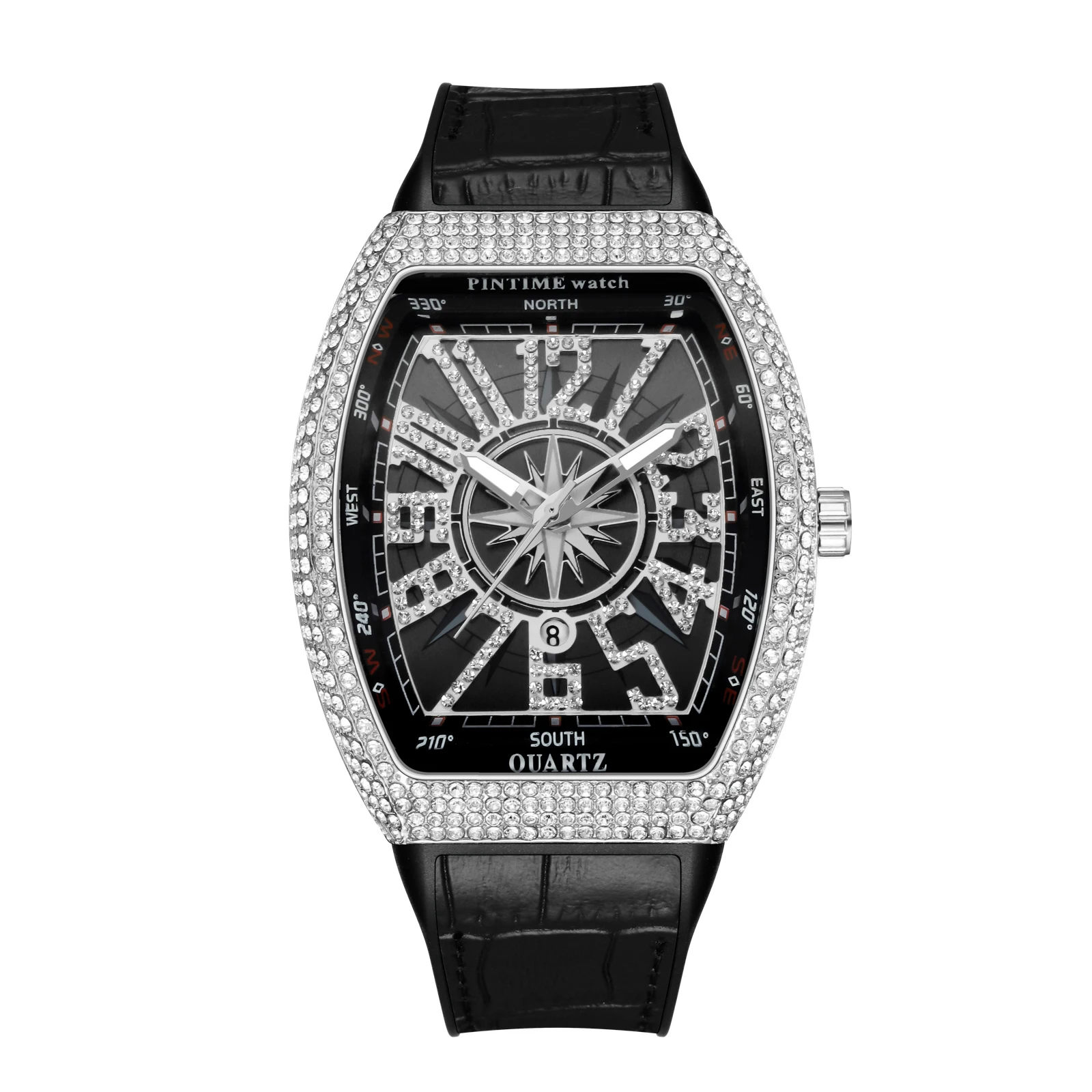

Men's Wathches Fashion Tonneau Shape Design Analog Quartz Watch Iced Out Diamond Sport Wrist Watches with Auto Date