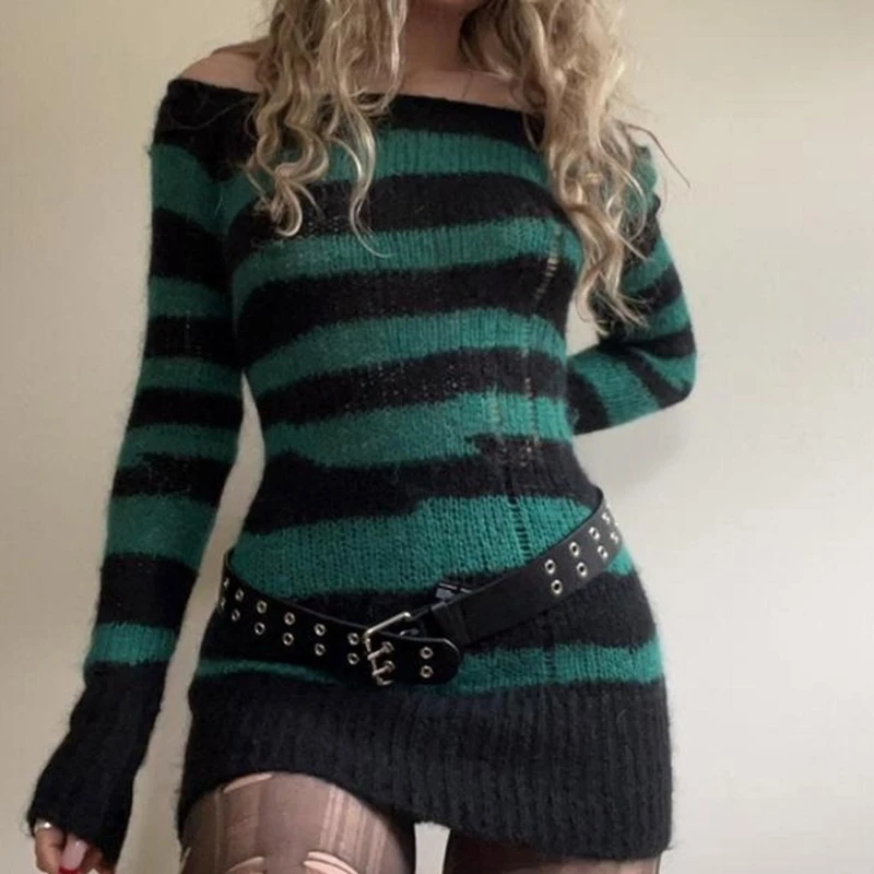 

Women Autumn Gothic Knitted Striped Long Sleeve Bodycon Sweater Dress Sexy Off Shoulder Ripped Hole Pullover Dresses