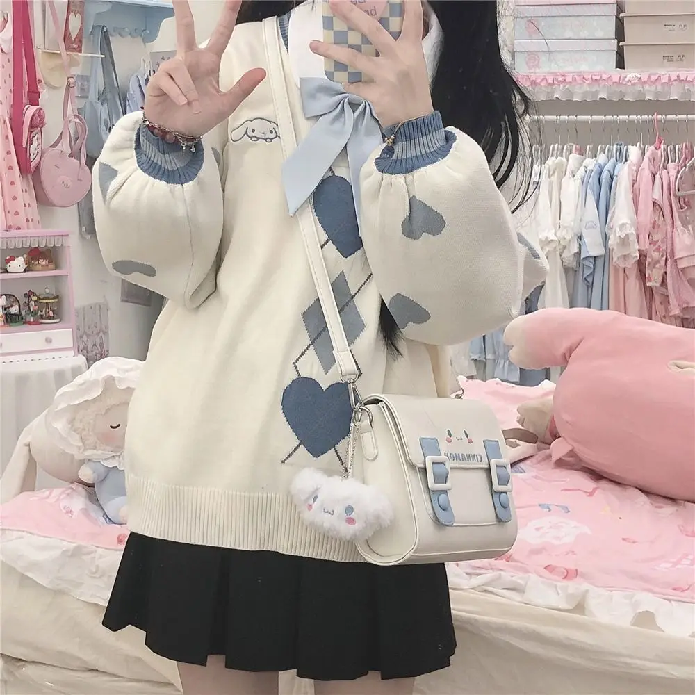 

Sanrio Cinnamoroll Women's Jk Knitted Sweater Anime Cartoon Warm Pullover Autumn Winter Casual Loose College Style V-Neck Top