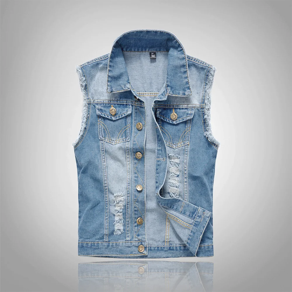 

Kule New Korean Version Slimming Trend Denim Waistcoat Men's Light Blue Vest with Holes
