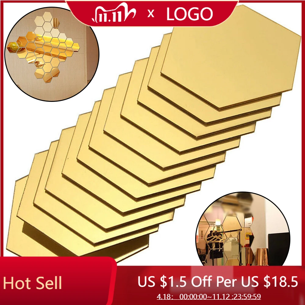 

24pcs Hexagon Mirror Sticker Gold Self Adhesive Mosaic Tiles Wall Sticker Decals DIY Bedroom Living Room Bathroom Home Decor