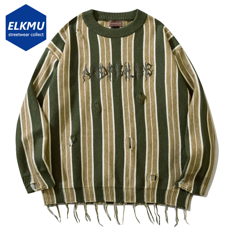 

Men Vintage Striped Sweaters Ripped Tassel Loose Harajuku Streetwear Hip Hop Knitted Sweater Jumpers
