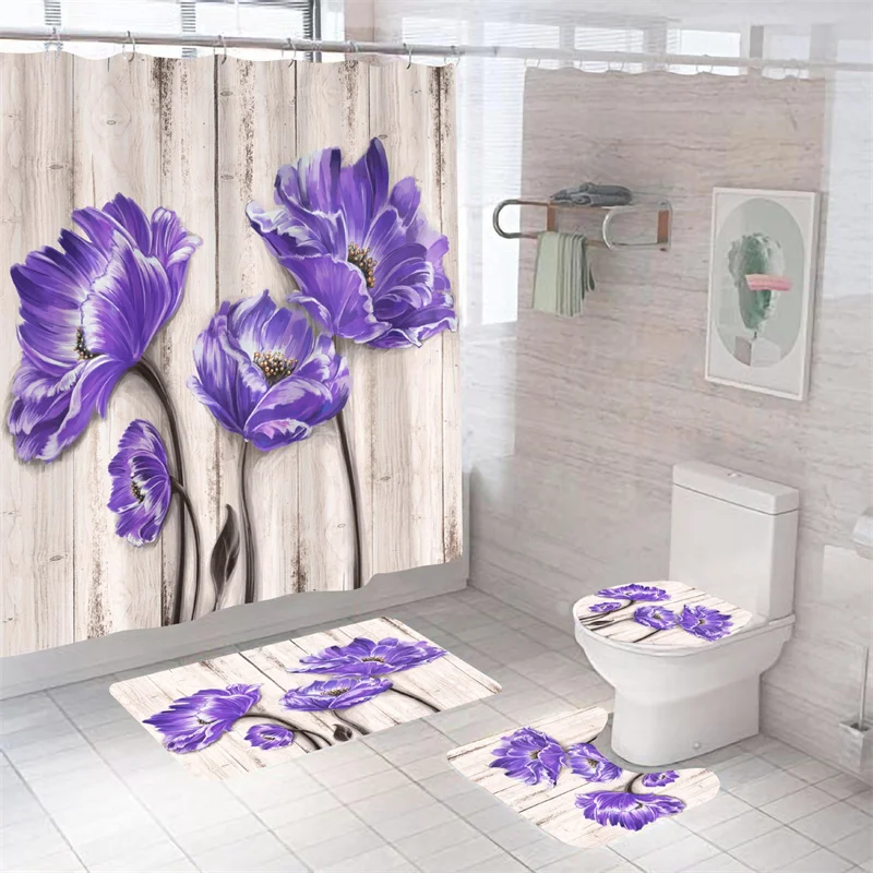 

Шторы для ванной с цветами, водостойкие, 3D технические характеристики, экологически чистые коврики для туалета, противоскользящий ковер, ду...
