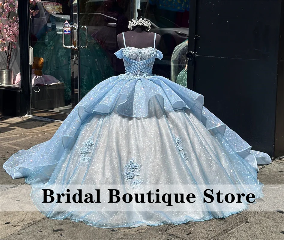 

Shiny Blue Princess Quinceanera Dress Flower Applique Pearls Crystals Bead Sparkly Cinderella Sweet 16 Dress Vestidos De 15 Años
