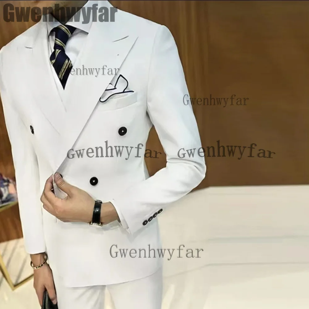 

Gwenhwyfar White Costumes 2022 Blazer Sets Double Breasted Men Suit Groom Tuxedo Wedding Suits trajede boda (Blazer+Pants)