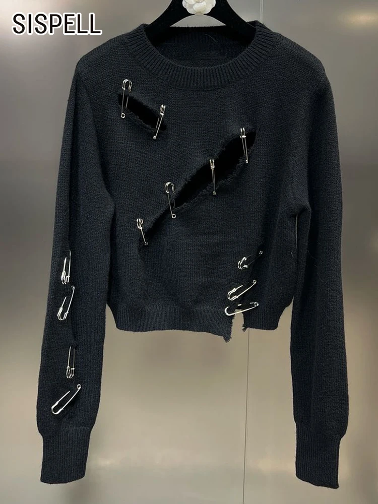 

SISPELL Hollow Out Knitting Shirt For Women Round Neck Long Sleeve Patchwork Pin Irregular Solid Blouses Female Clothing Style